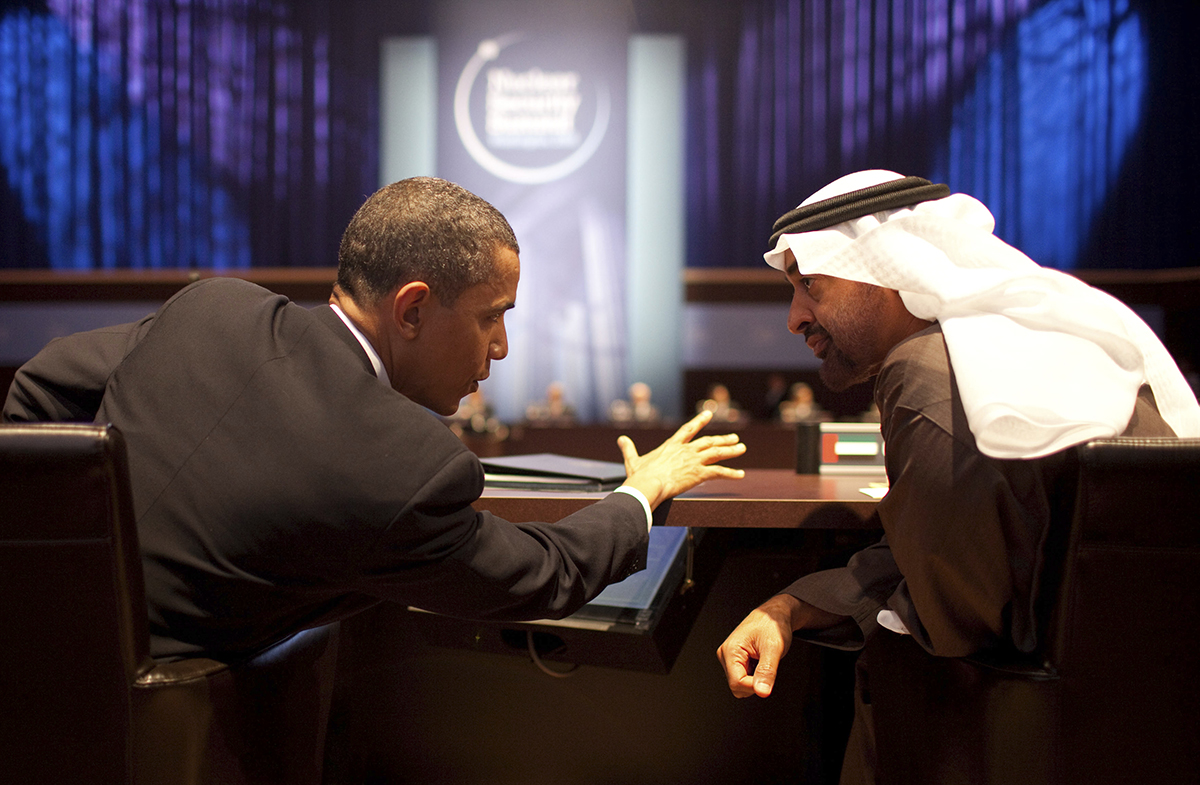 HH Sheikh Mohamed Bin Zayed Al Nahyan sitting next to former American President Barack Obama